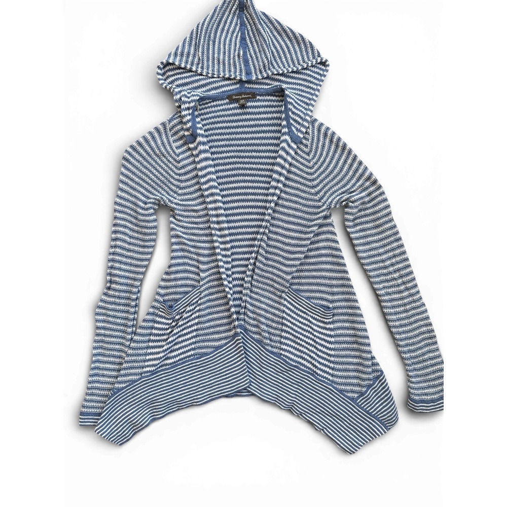 Tommy Bahama Striped Hooded Cardigan Women Small Blue White Linen Cotton Blend